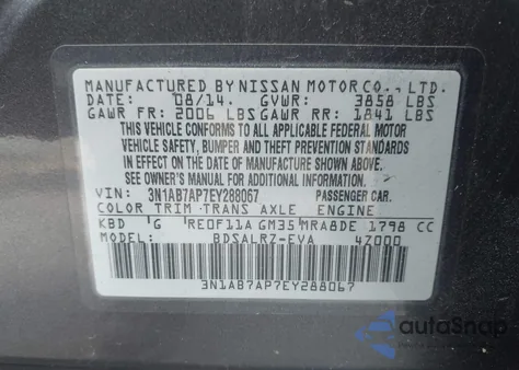 2014 Nissan Sentra S/Sv/Sr/Sl from USA, damaged, VIN 3N1AB7AP7EY288067